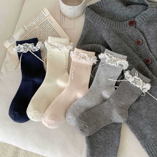 French Lace Ruffle Ribbon Crew Socks