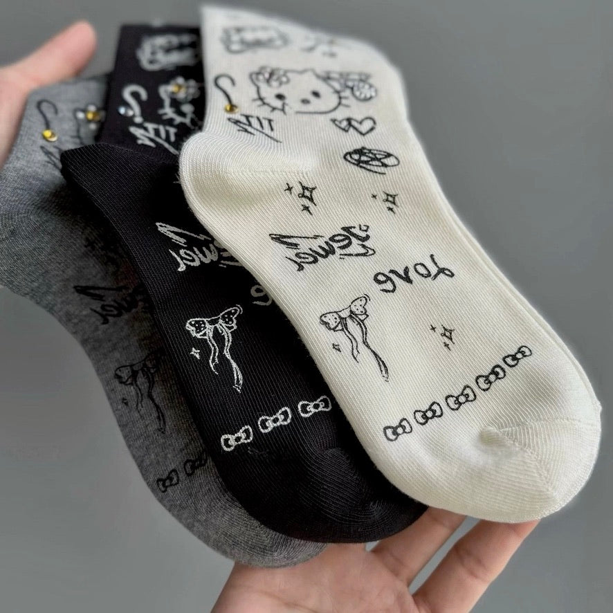 Y2K Style Kitty Print Crew Socks