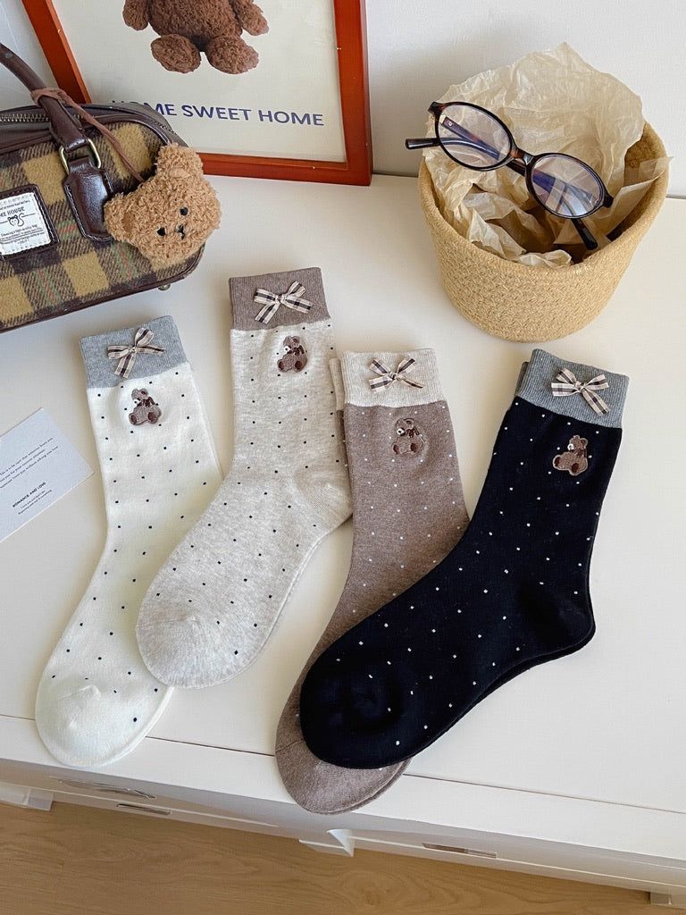 Honey Bear&Plaid Bow Crew Socks