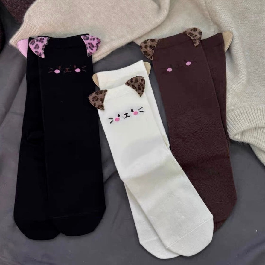 Cat Print Socks with 3D Leopard Ears