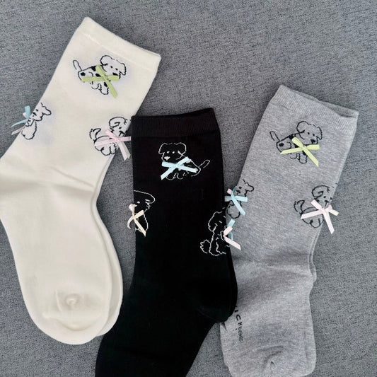Cute Puppy Print Socks with Mini Bows