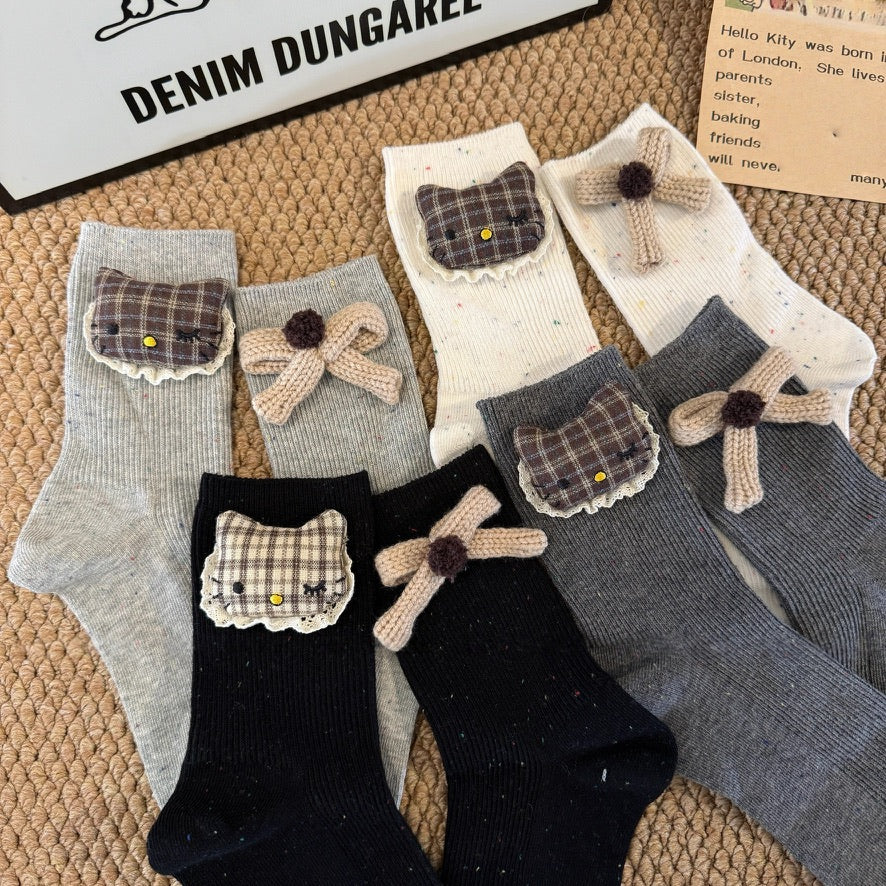 Cotton Crew Socks With 3D Kitty Doll