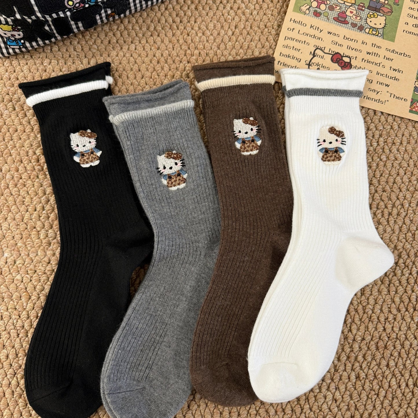 Kitty Knit Ribbed Crew Socks