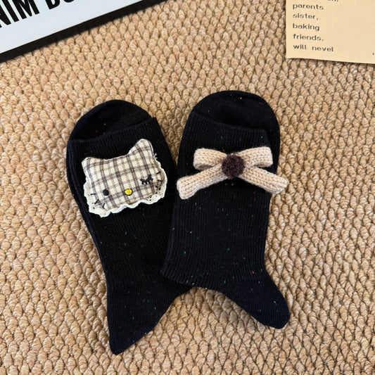 Cotton Crew Socks With 3D Kitty Doll