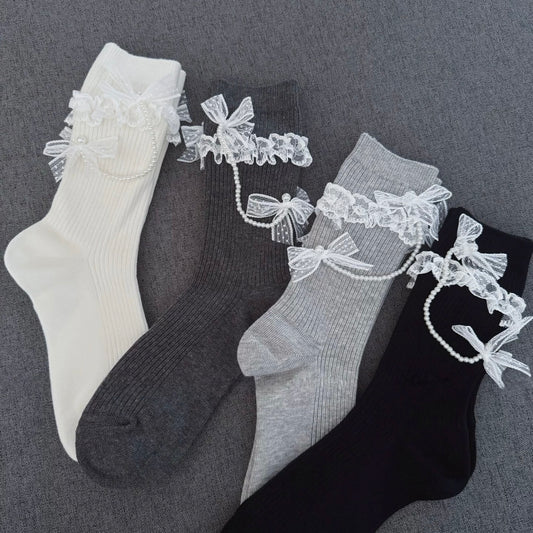 Pearl & Bow Lace Women's Crew Socks