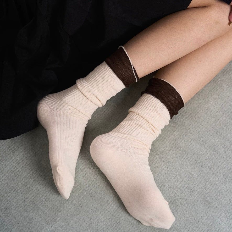 Ribbed Crew Socks with Lace Cuff