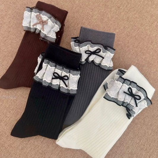 Ribbed Knit Socks with Plaid Ruffles & Bows