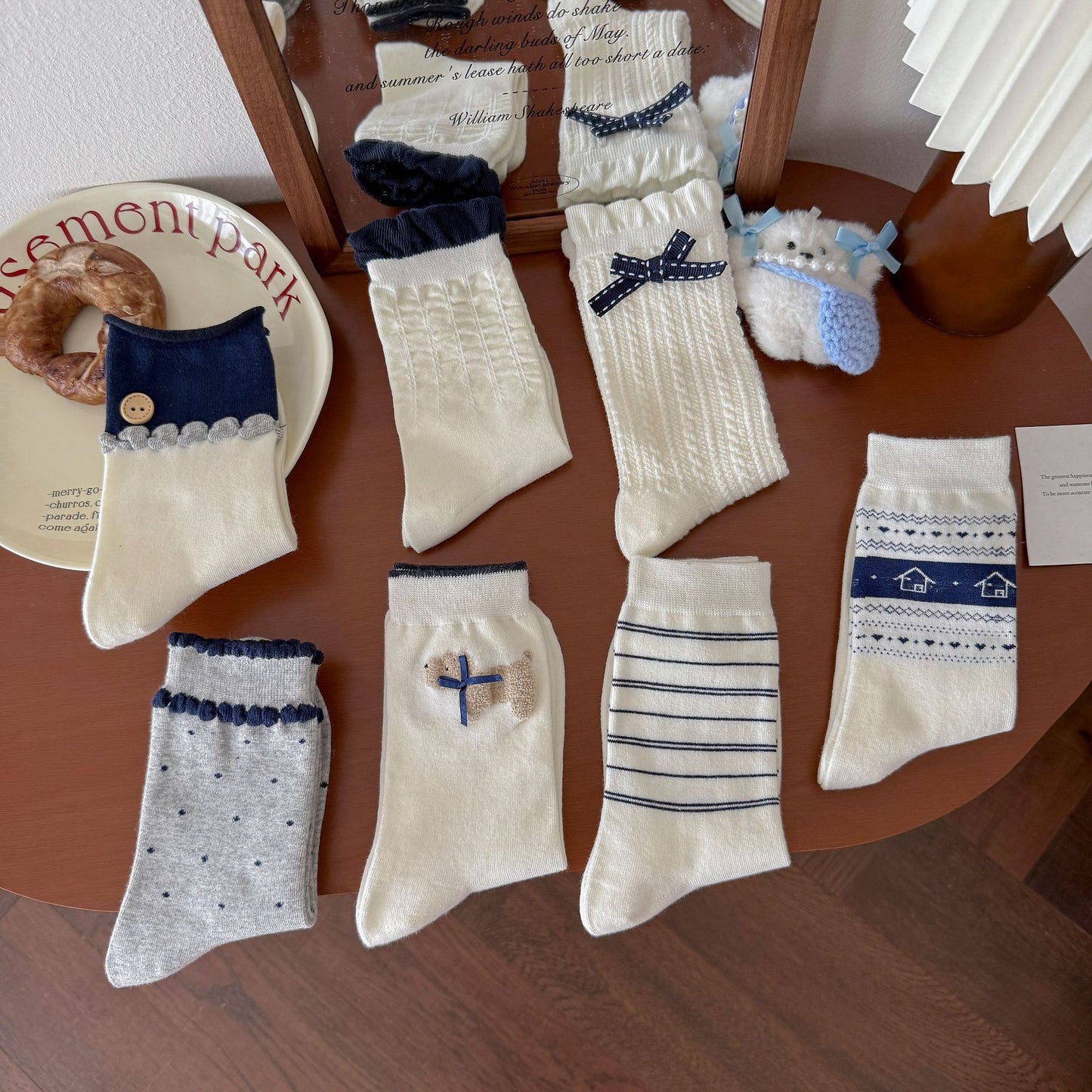 Elegant Cream&Navy Blue Crew Socks