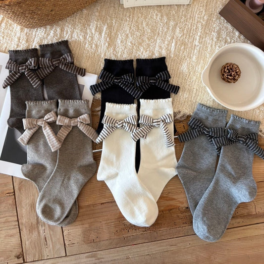 Elegant Striped Bow Crew Socks