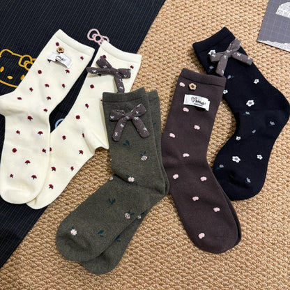 Allover Floral Bow Cotton Crew Socks