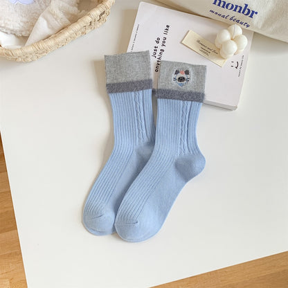 Contrast Cuff Furry Trim Crew Socks