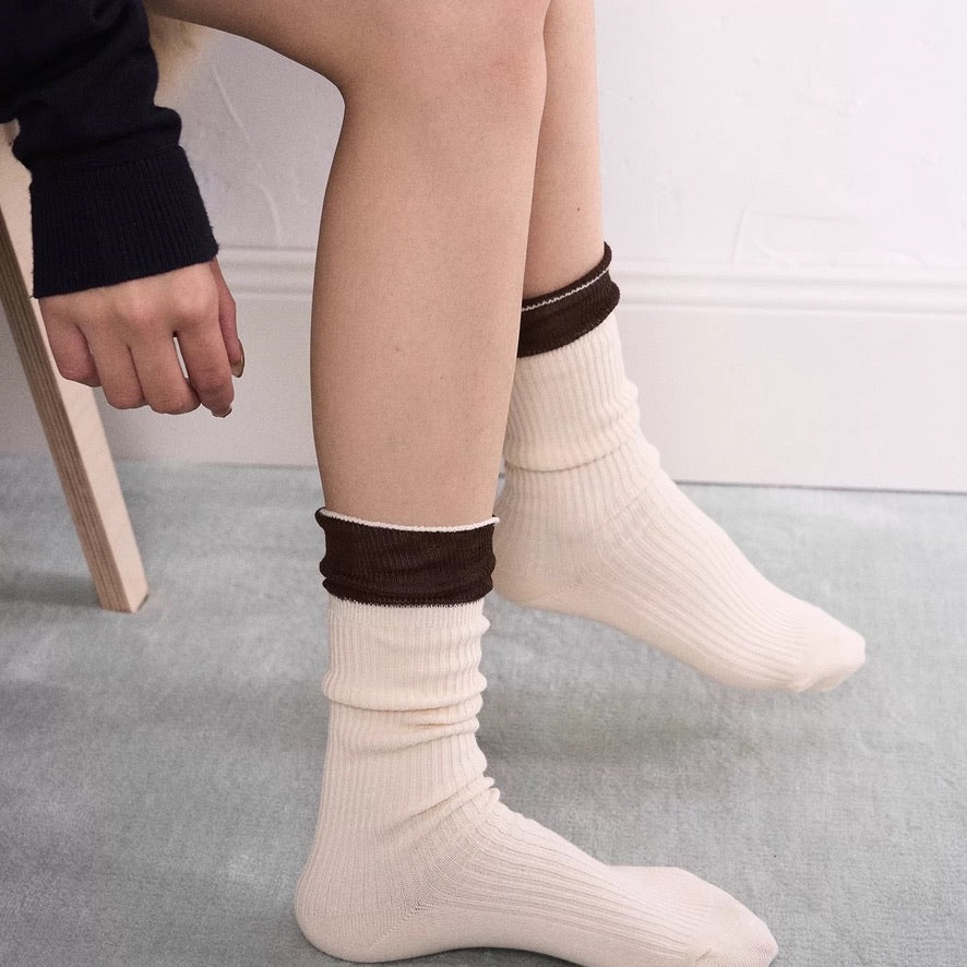 Ribbed Crew Socks with Lace Cuff