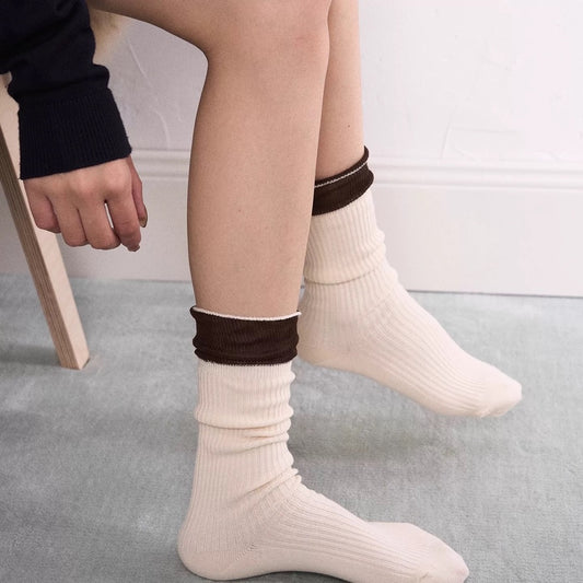 Ribbed Crew Socks with Lace Cuff