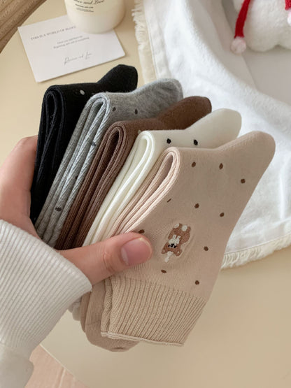 Sweet Teddy Bear Embroidered Polka Dot Socks