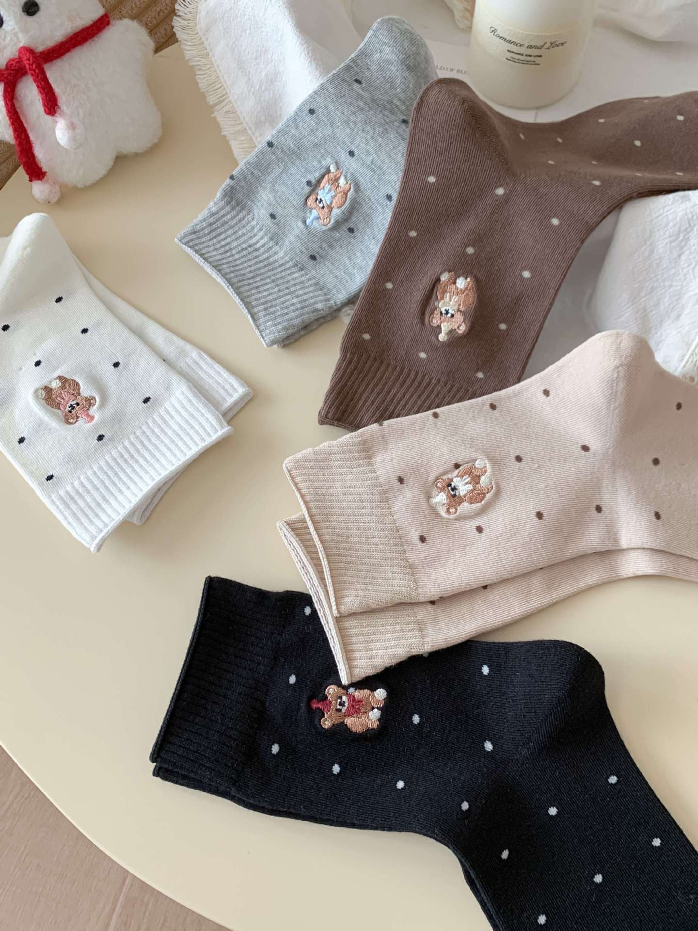 Sweet Teddy Bear Embroidered Polka Dot Socks