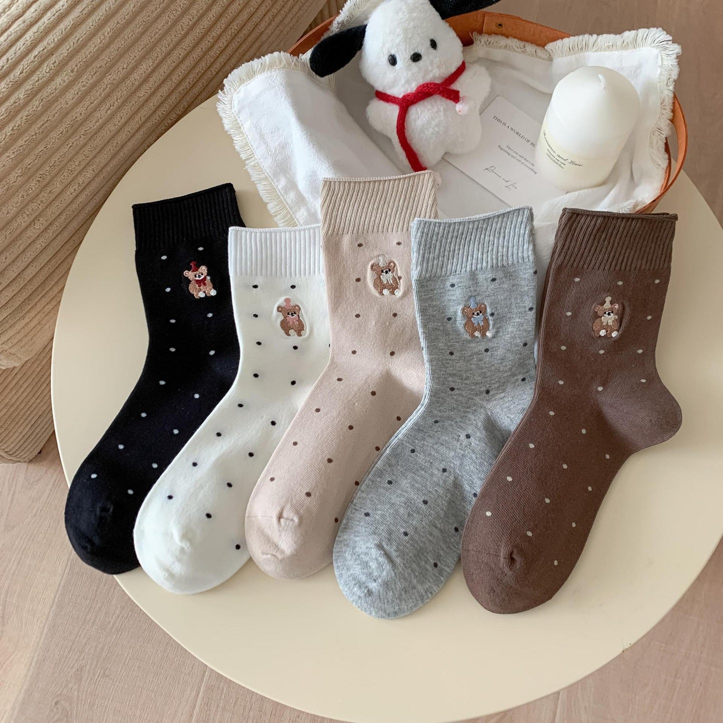 Sweet Teddy Bear Embroidered Polka Dot Socks