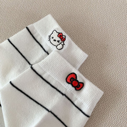 Striped Ankle Socks with Kitten Embroidery