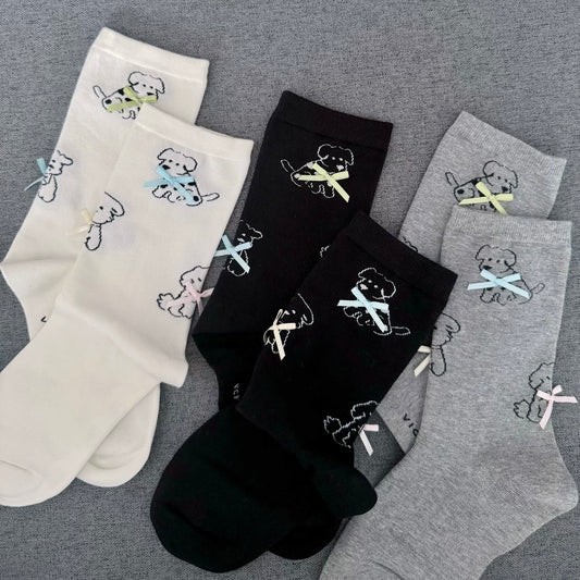 Cute Puppy Print Socks with Mini Bows