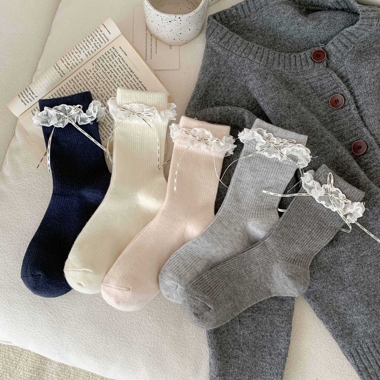 French Lace Ruffle Ribbon Crew Socks
