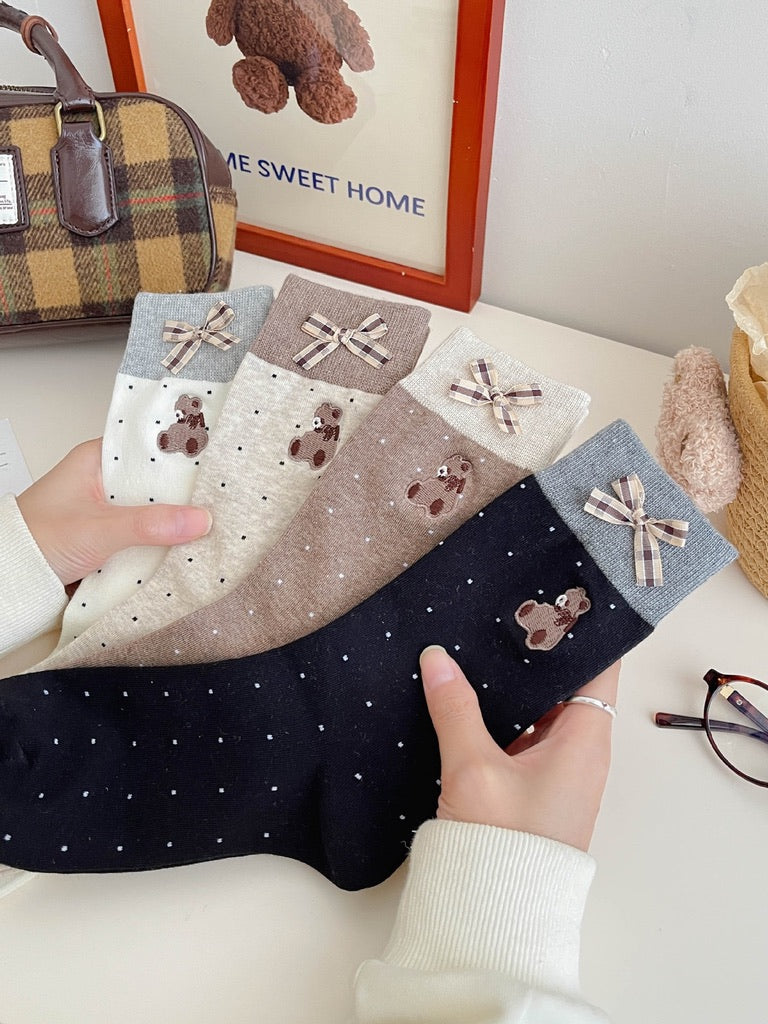 Honey Bear&Plaid Bow Crew Socks