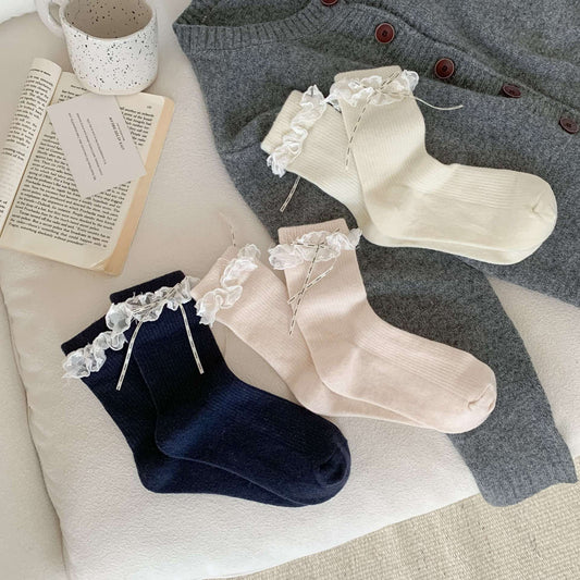 French Lace Ruffle Ribbon Crew Socks
