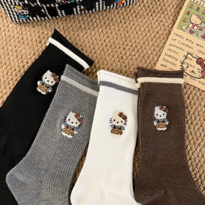 Kitty Knit Ribbed Crew Socks