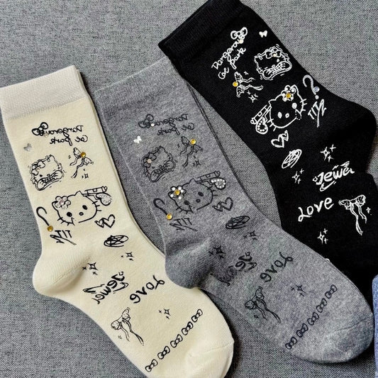 Y2K Style Kitty Print Crew Socks