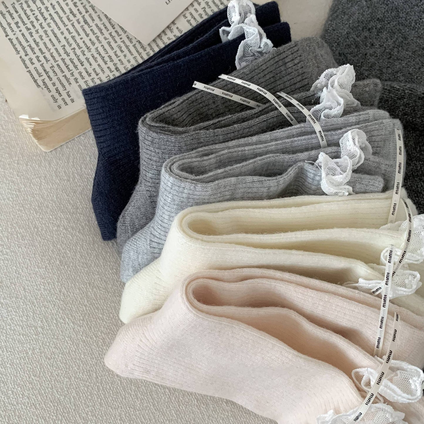 French Lace Ruffle Ribbon Crew Socks