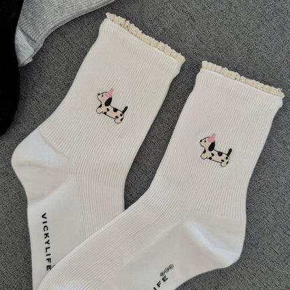 Puppy Embroidery&Tiny Lace Frill Socks