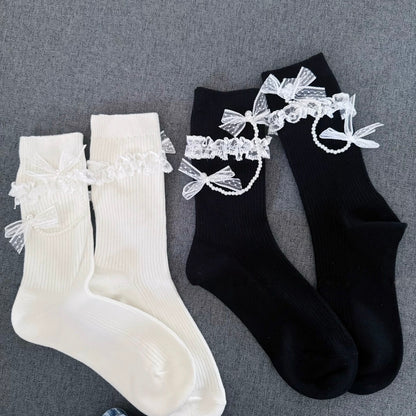 Pearl & Bow Lace Women's Crew Socks