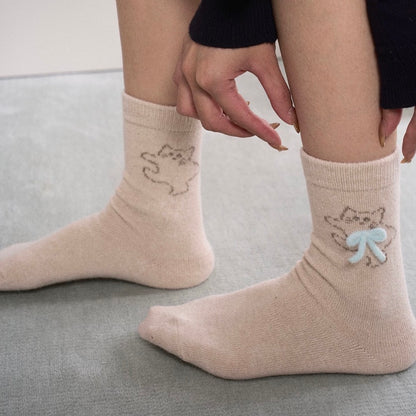 Cat Pattern Crew Socks with Fluffy Bows