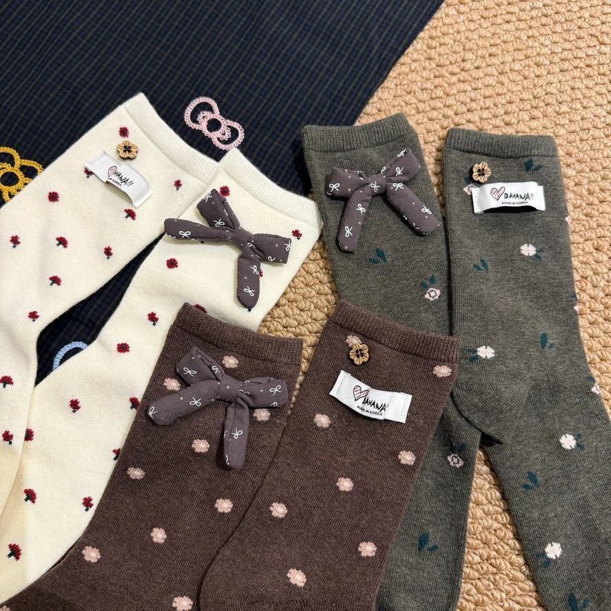 Allover Floral Bow Cotton Crew Socks
