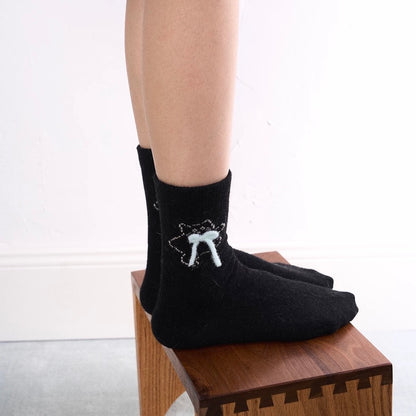 Cat Pattern Crew Socks with Fluffy Bows