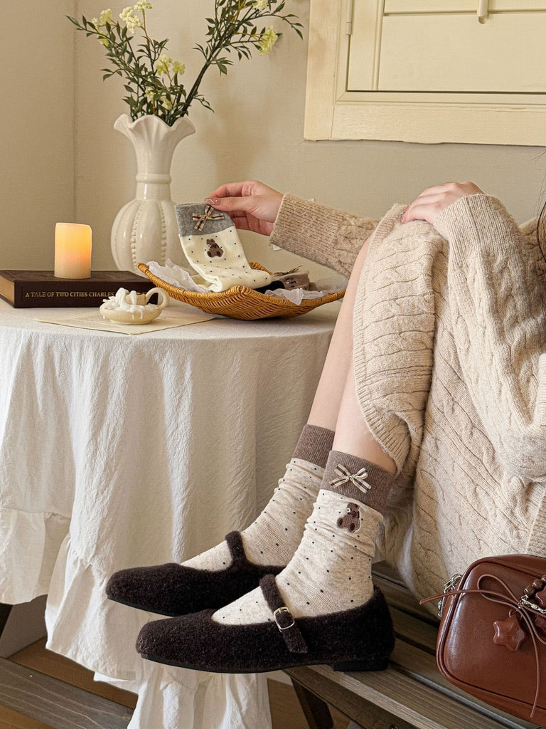 Honey Bear&Plaid Bow Crew Socks