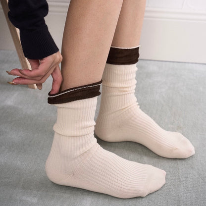 Ribbed Crew Socks with Lace Cuff