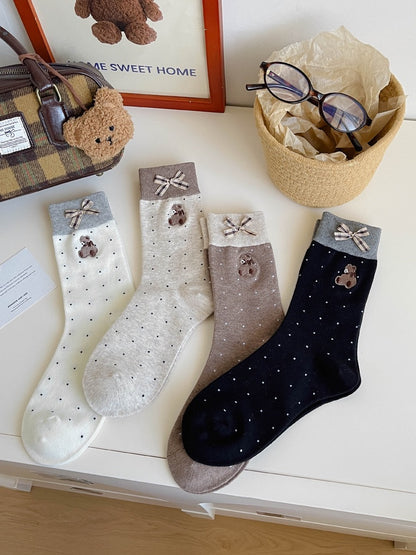 Honey Bear&Plaid Bow Crew Socks