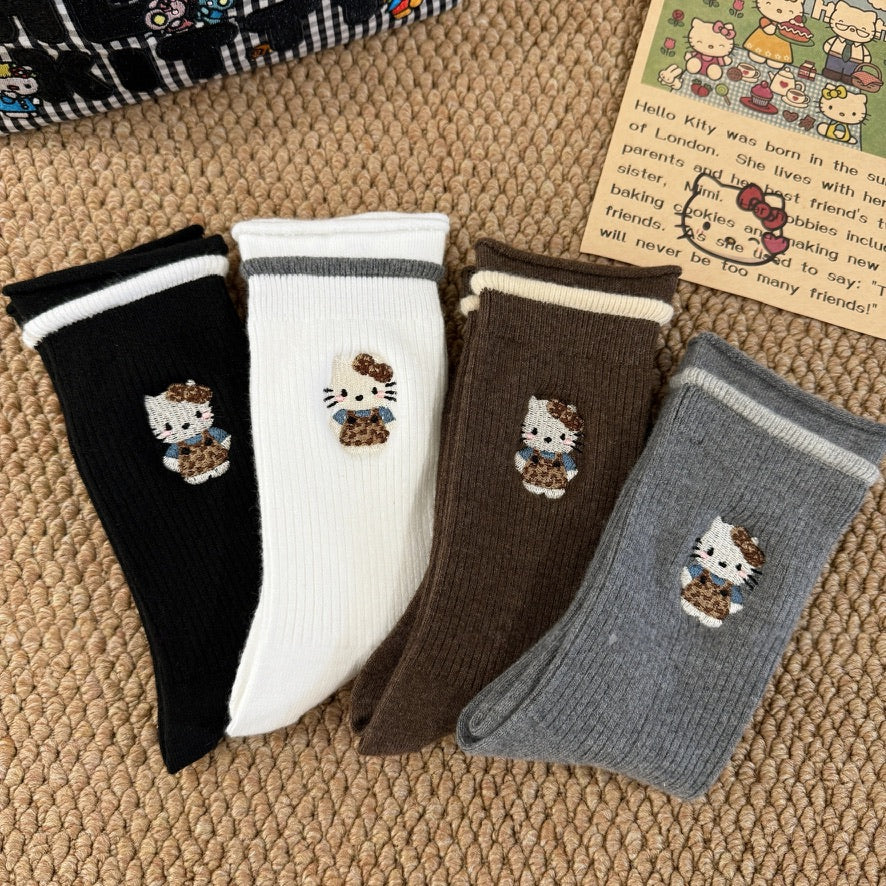 Kitty Knit Ribbed Crew Socks