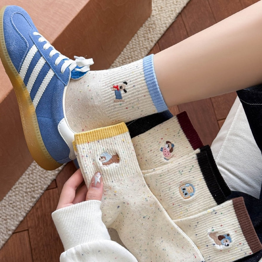 Puppy Embroidered Quarter Socks