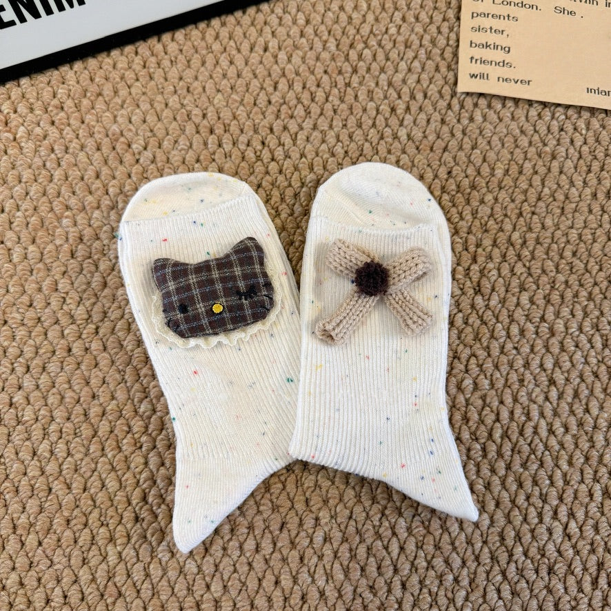 Cotton Crew Socks With 3D Kitty Doll