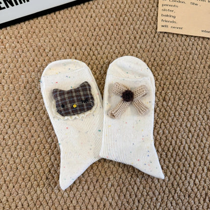 Cotton Crew Socks With 3D Kitty Doll