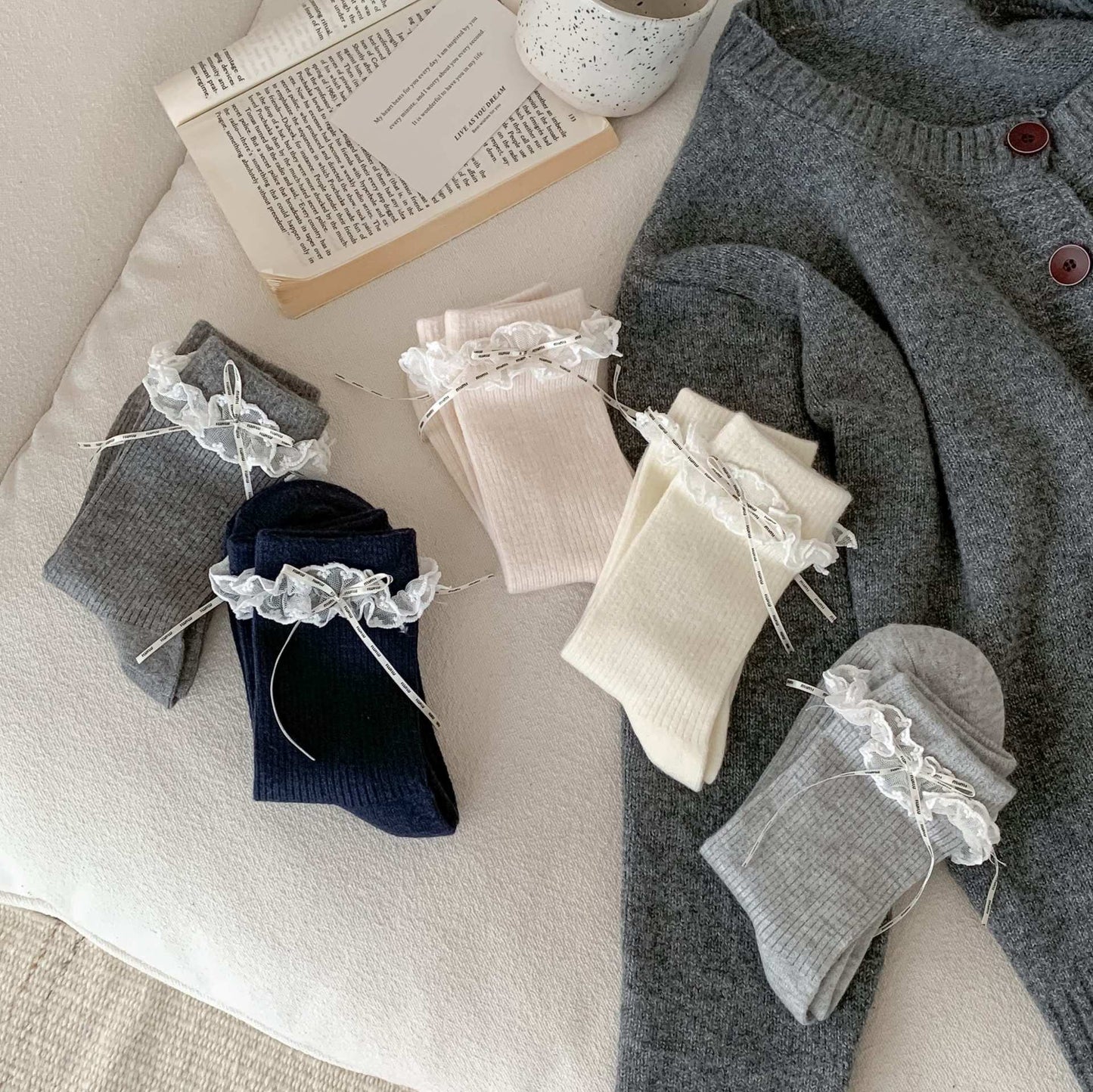 French Lace Ruffle Ribbon Crew Socks