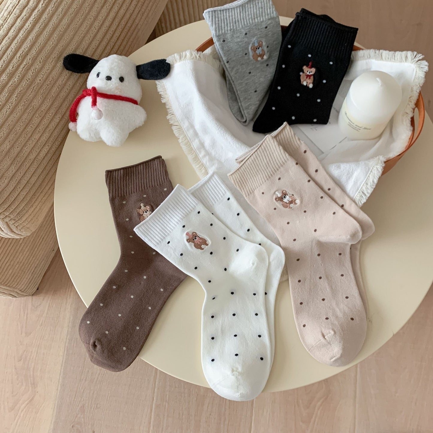 Sweet Teddy Bear Embroidered Polka Dot Socks