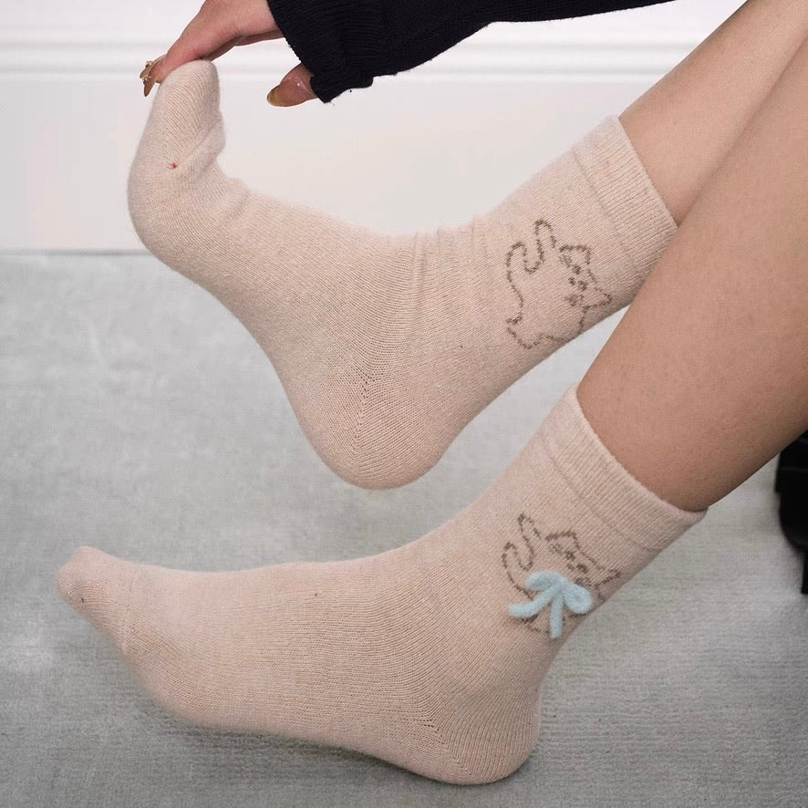 Cat Pattern Crew Socks with Fluffy Bows