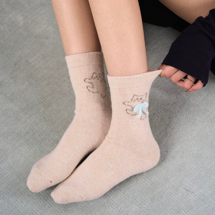 Cat Pattern Crew Socks with Fluffy Bows