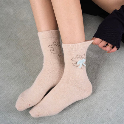 Cat Pattern Crew Socks with Fluffy Bows