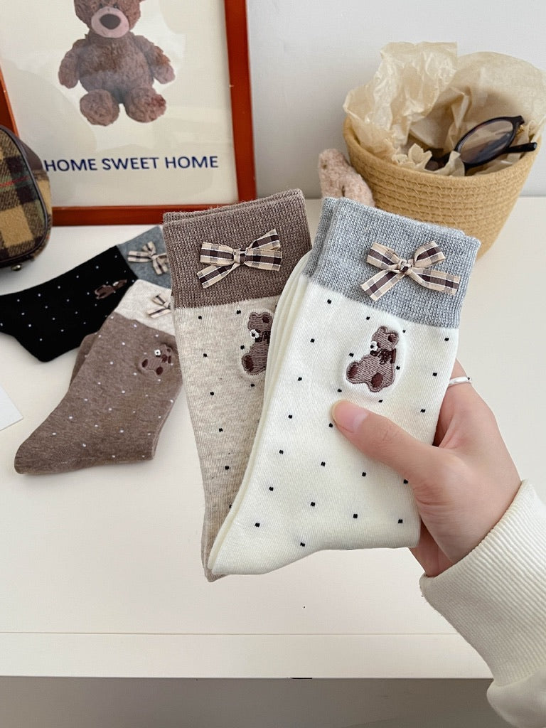 Honey Bear&Plaid Bow Crew Socks