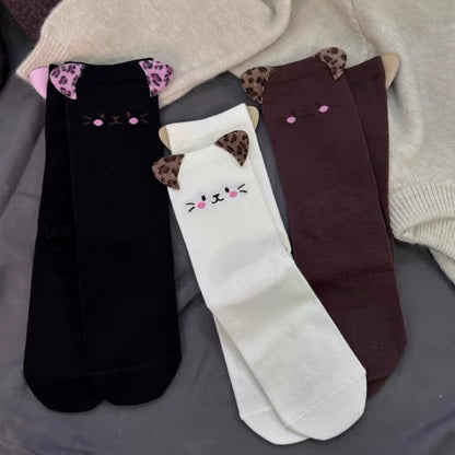 Cat Print Socks with 3D Leopard Ears