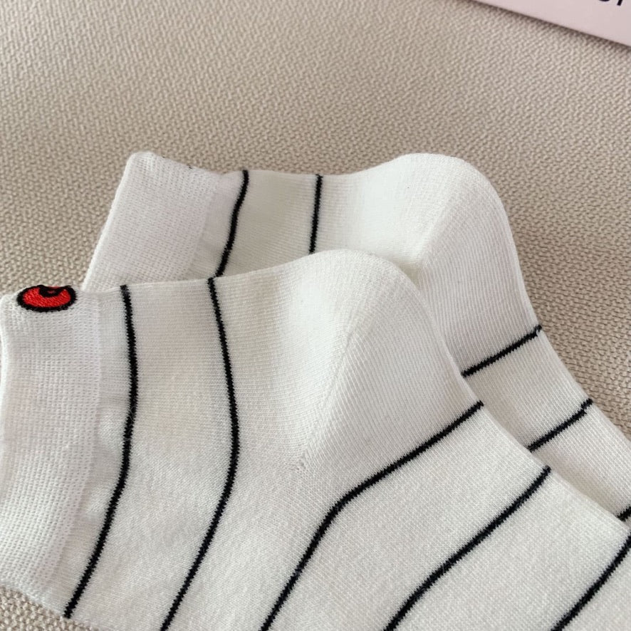 Striped Ankle Socks with Kitten Embroidery