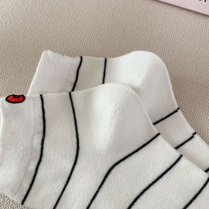 Striped Ankle Socks with Kitten Embroidery