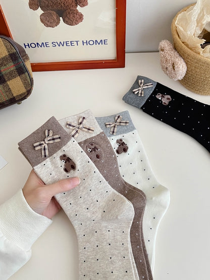 Honey Bear&Plaid Bow Crew Socks